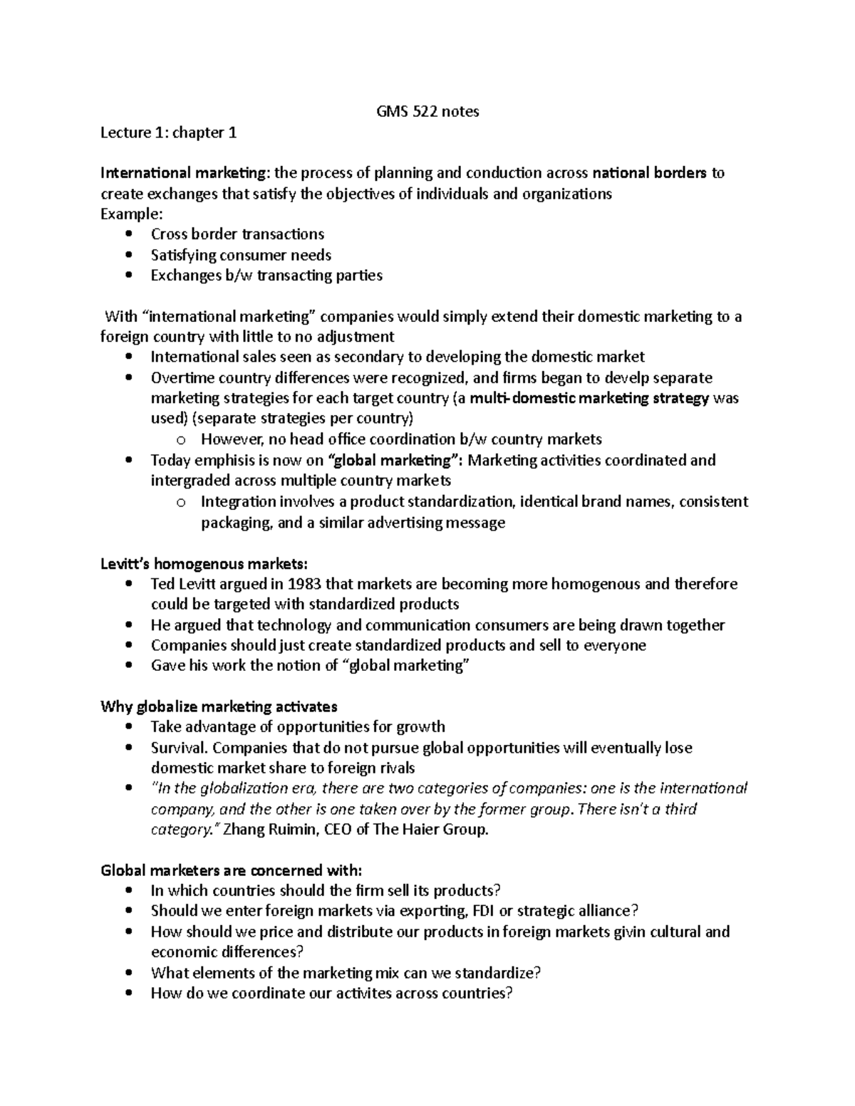 Marketing notes - GMS 522 notes Lecture 1: chapter 1 International ...