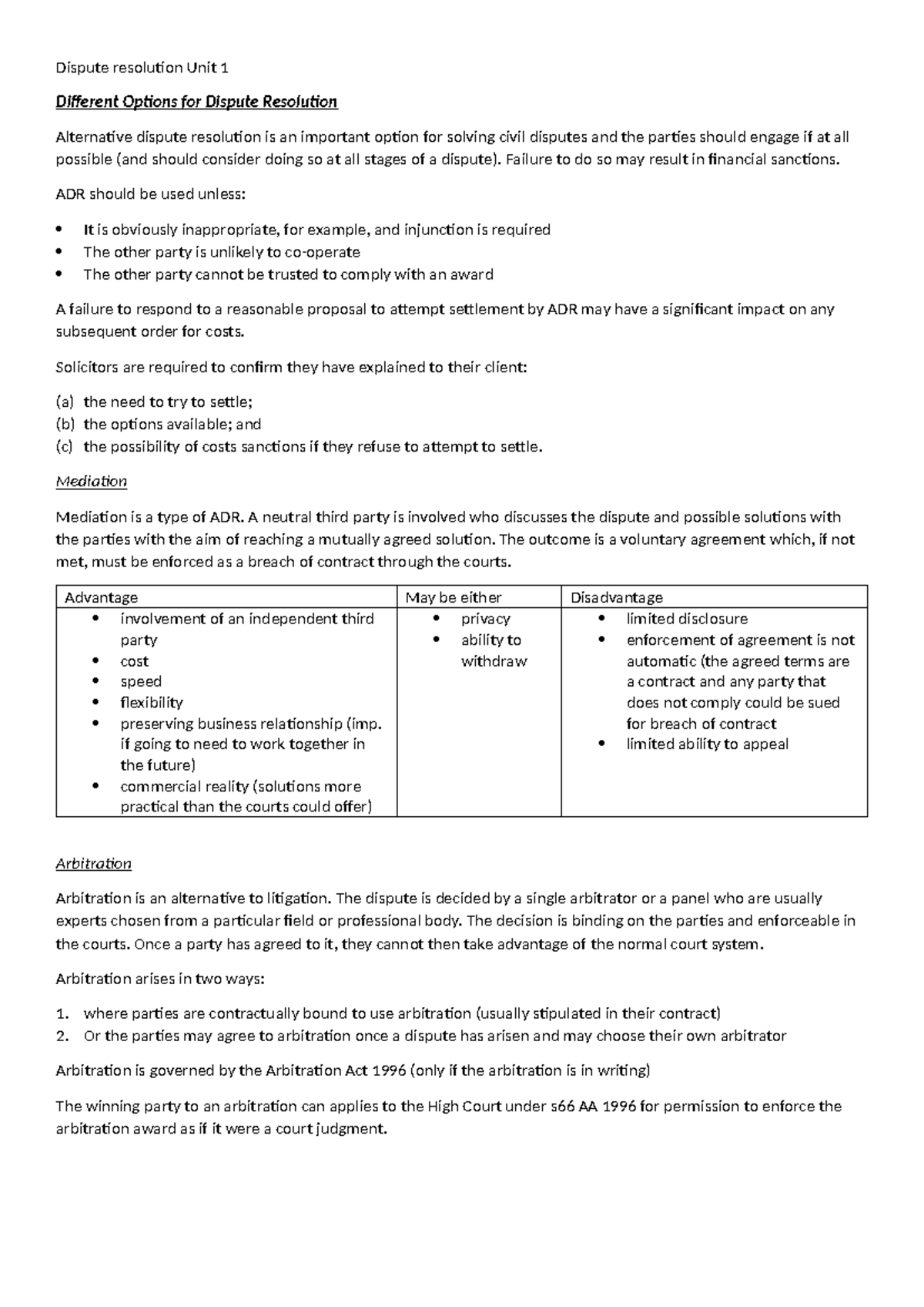 Dispute resolution ADR notes - Dispute resolution Unit 1 Different ...