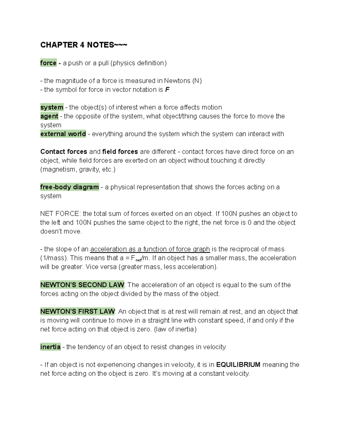 Physics Honors - Chapter 4 - Forces - CHAPTER 4 NOTES~~~ force - a push ...