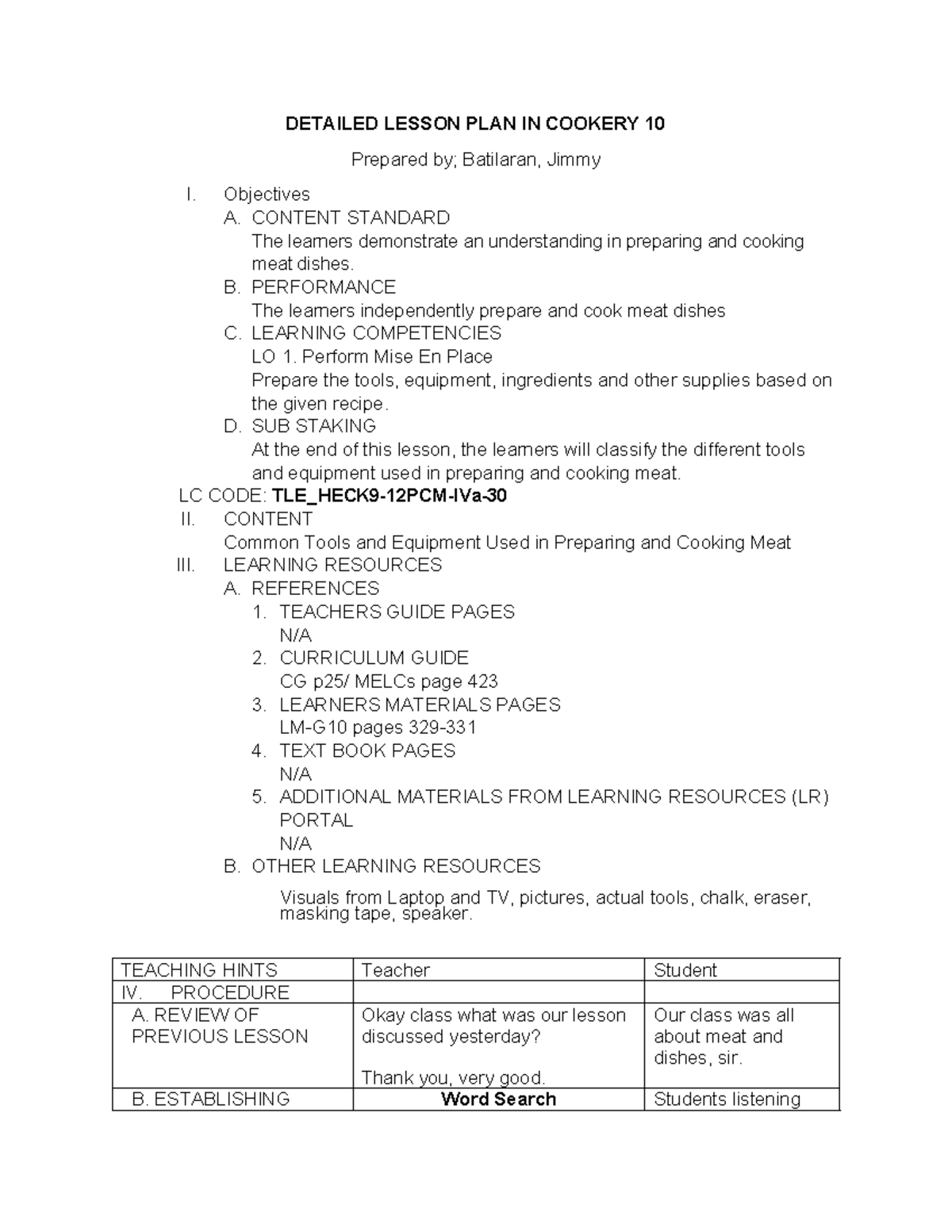 Lesson-PLAN- Cookery 10 TUE - DETAILED LESSON PLAN IN COOKERY 10 ...