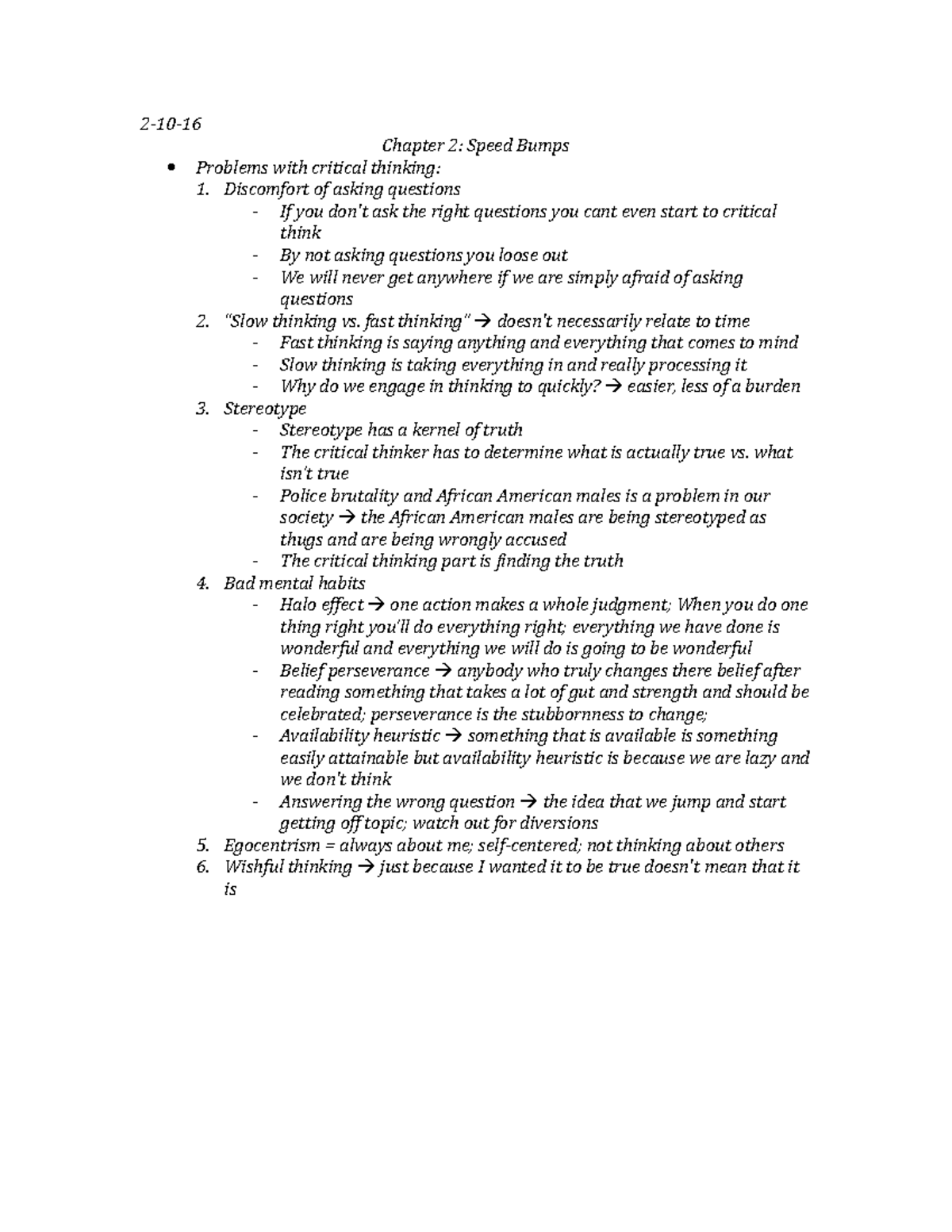 Chapter 2 - notes - 2-10- Chapter 2: Speed Bumps Problems with critical ...
