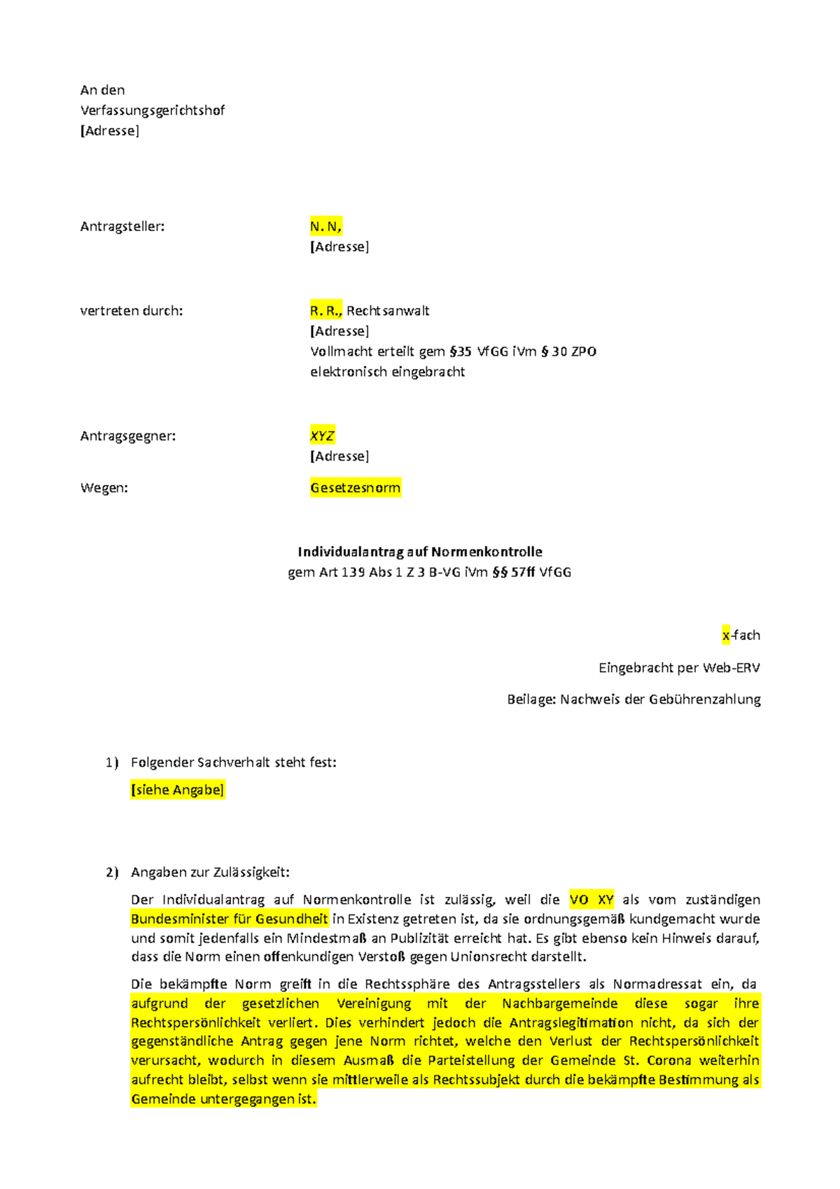 Schriftsatz Individualantrag 139 BVG VO - An den Verfassungsgerichtshof
