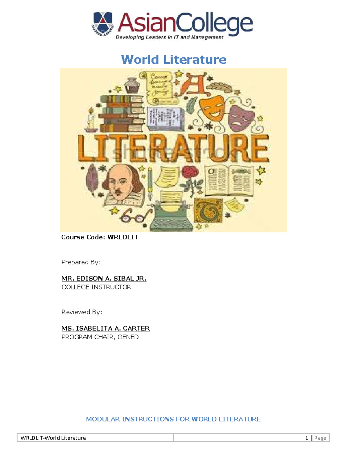 Wrldlit Whole sem module - World Literature Course Code: WRLDLIT ...