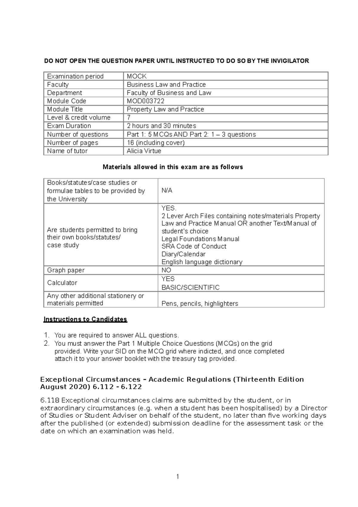 MOCK PLP Paper 1 Assessment - DO NOT OPEN THE QUESTION PAPER UNTIL ...
