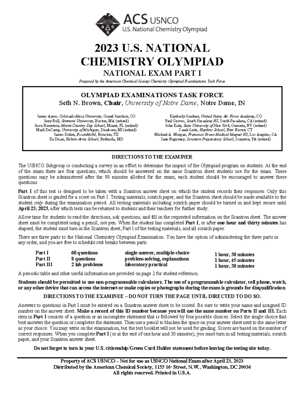 Usnco (Part I) 2023 - Property of ACS USNCO – Not for use as USNCO ...