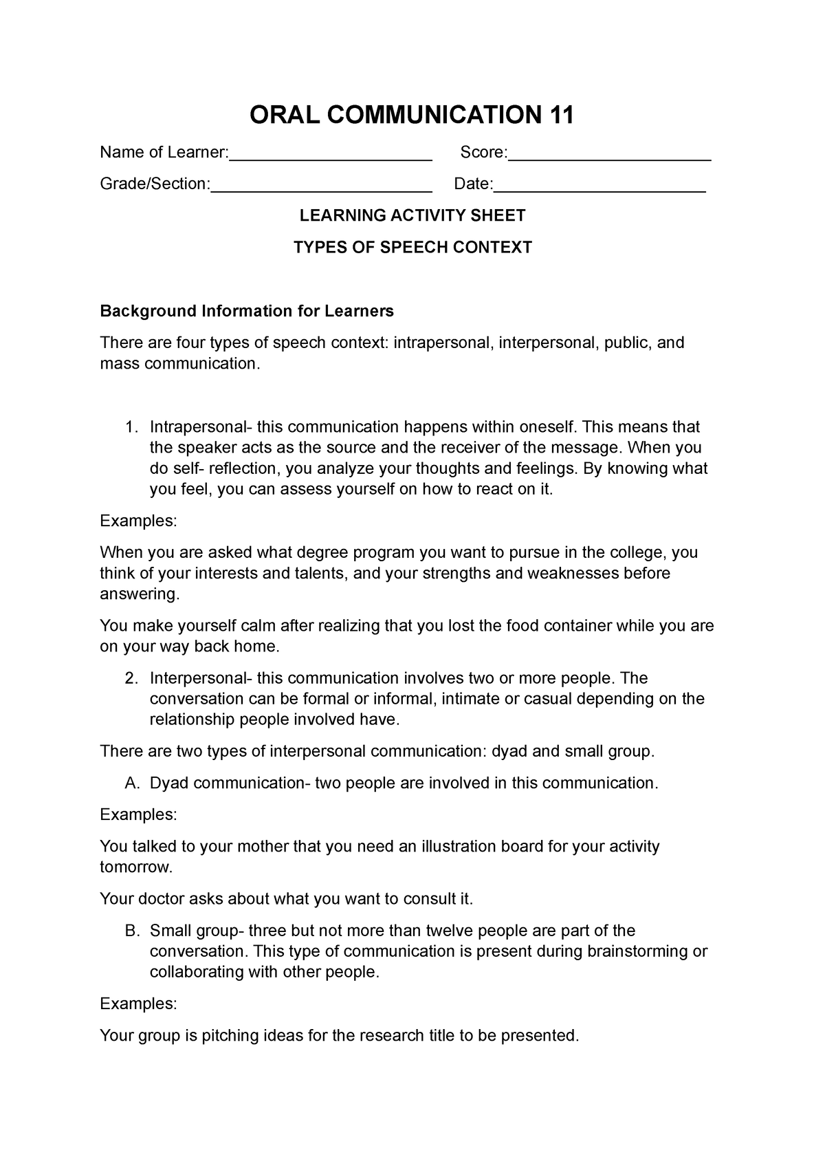 Learning Activity Sheet in Oral Communication ORAL COMMUNICATION 11