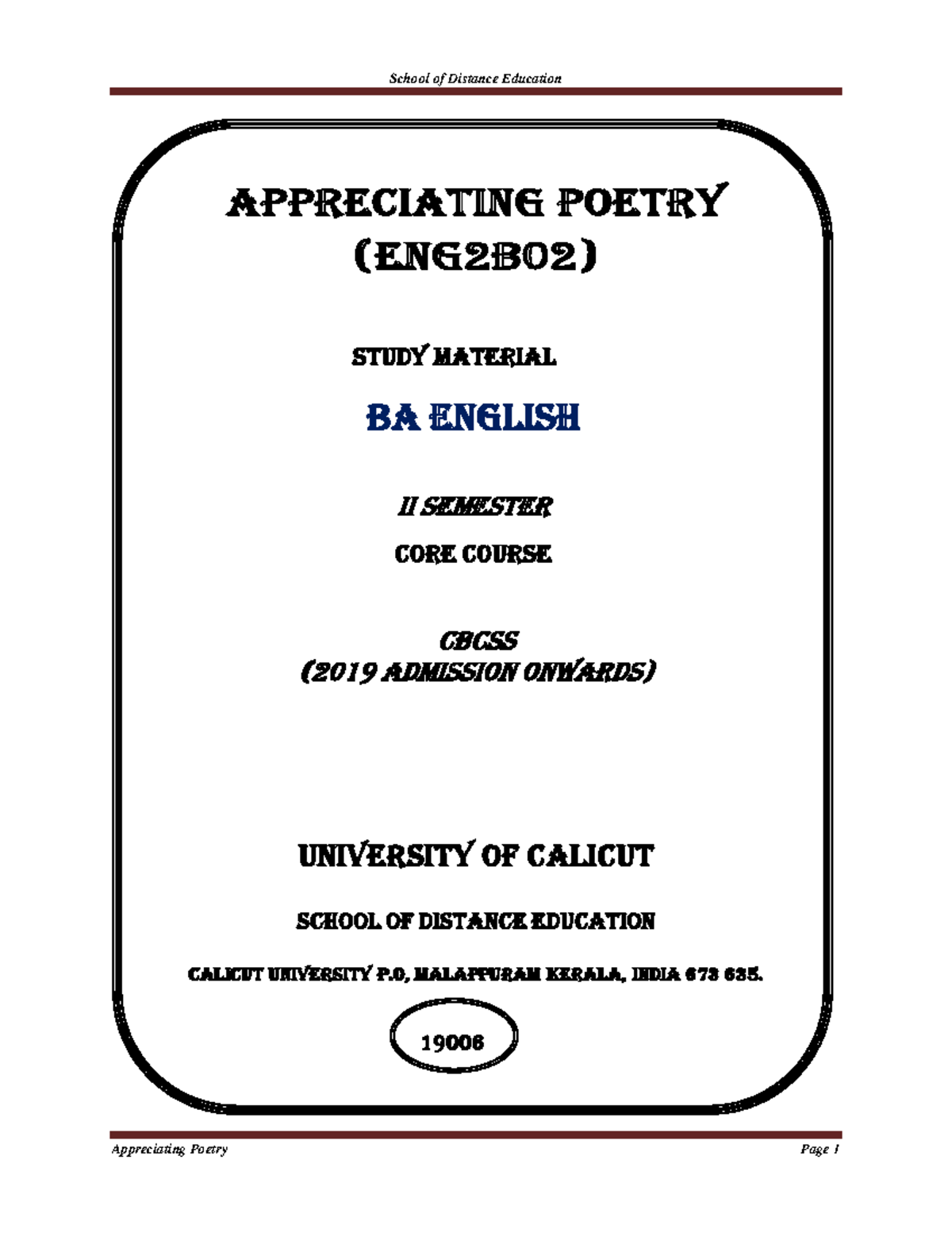 Appreciating Poetry - APPRECIATING POETRY (ENG 2 B 02 ) STUDY MATERIAL ...