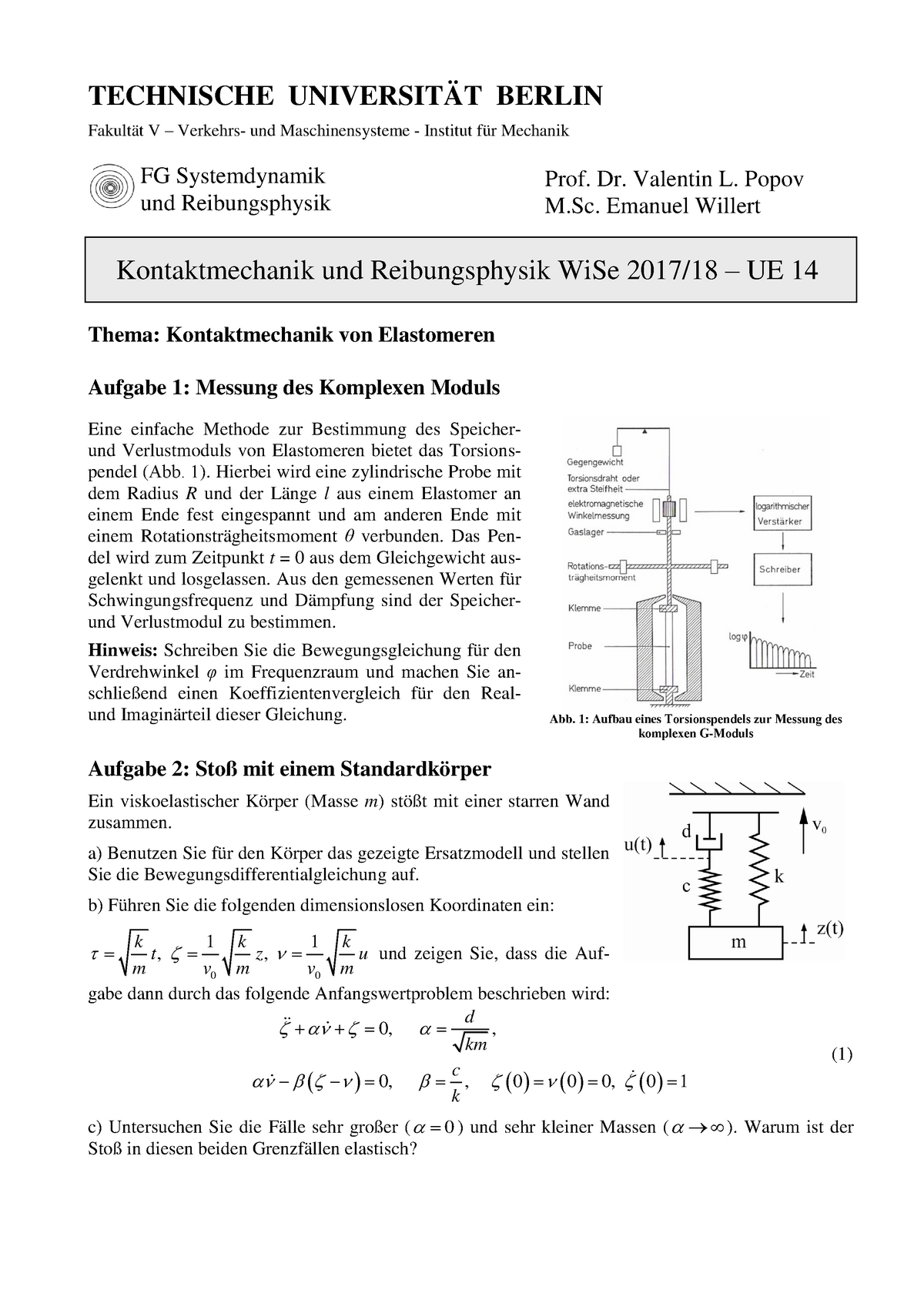 Uebungsblatt 14 - TECHNISCHE UNIVERSITÄT BERLIN Fakultät V – Verkehrs ...