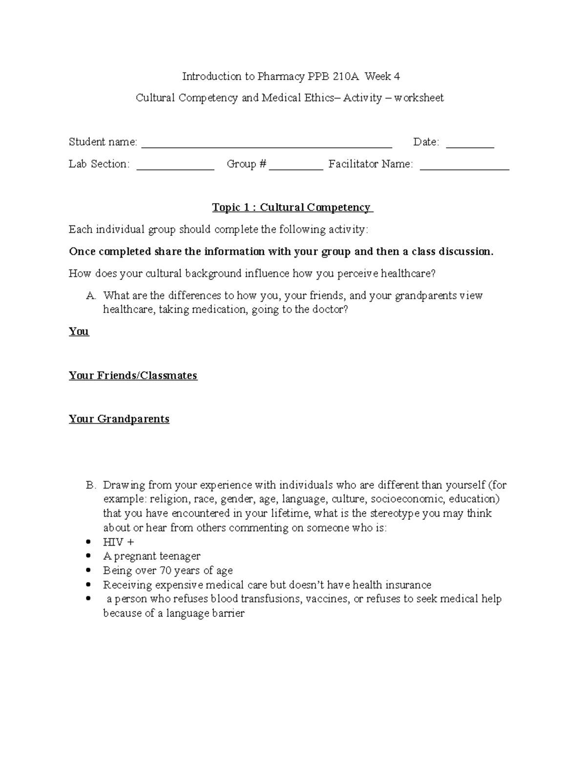 Week 4 Cultural Competence-Medical Ethics worksheet Student ...