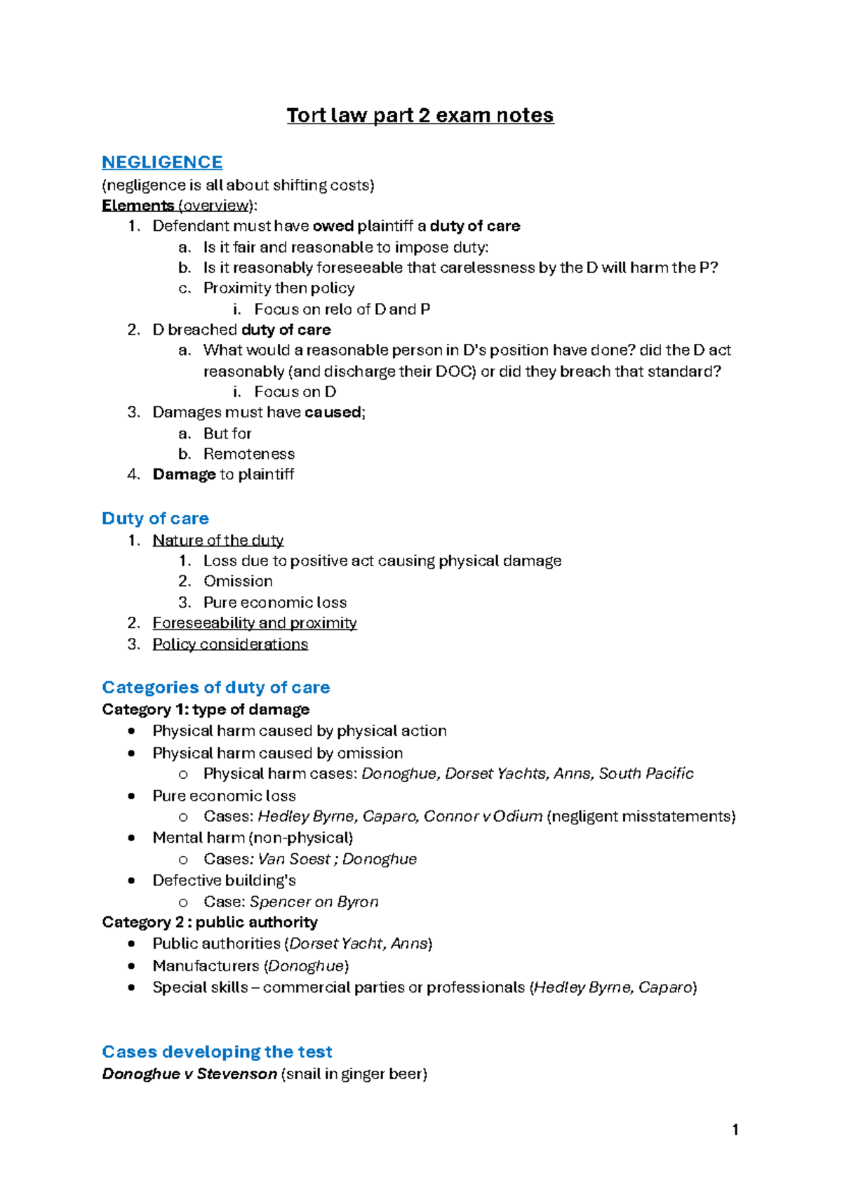 Tort law part 2 exam notes - Tort law part 2 exam notes NEGLIGENCE ...