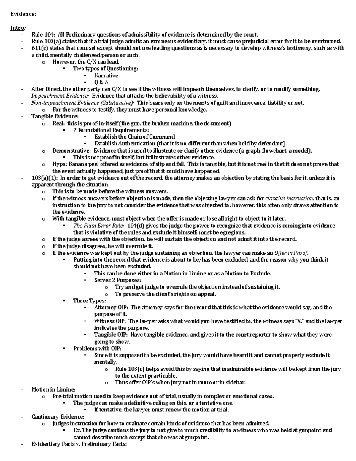 Evidence - CONCISE SUMMARY - Short - Evidence: Intro : -­‐ Rule 104 ...