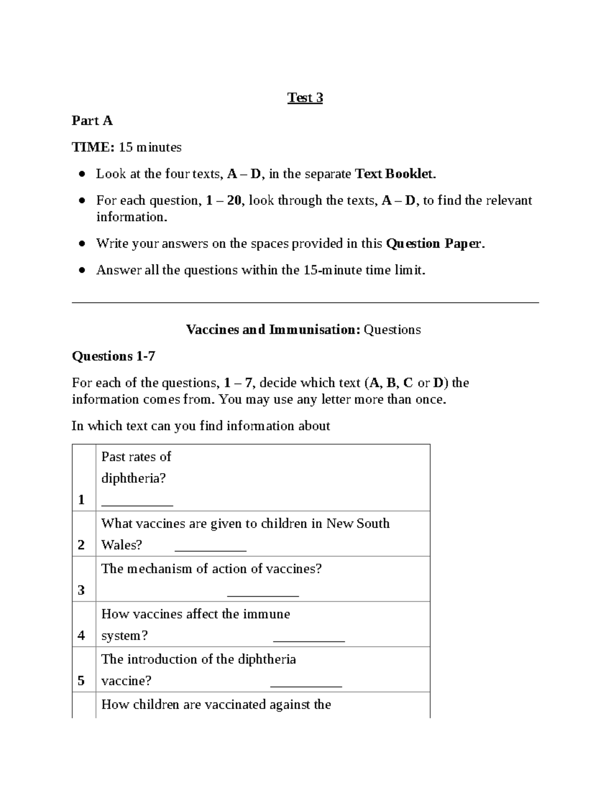 Vaccines& Immunisation oet reading part-A - **Test ** Part A **TIME ...