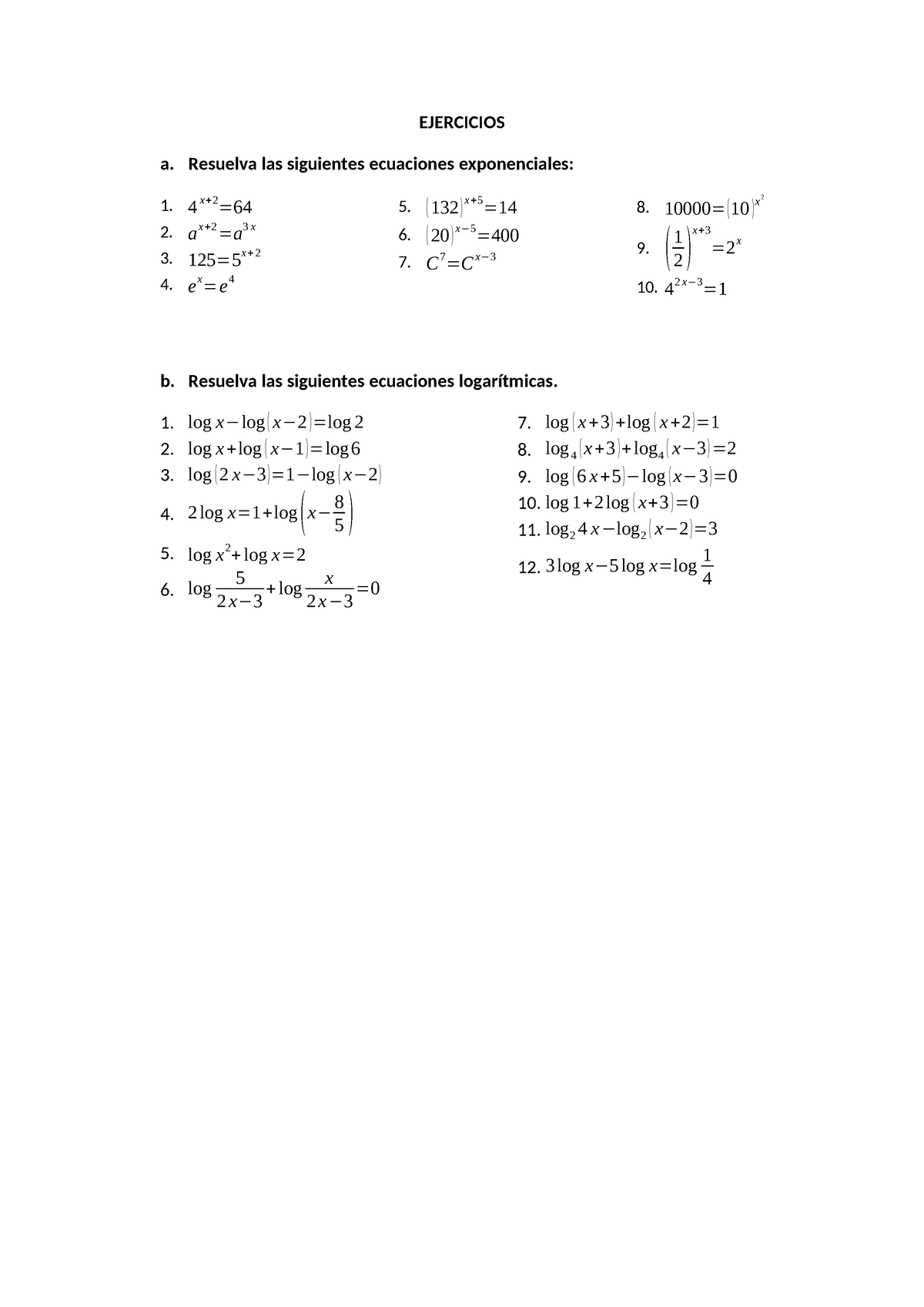 Ecuaciones Exponenciales Y Logaritmicas Ejercicios A Resuelva Las