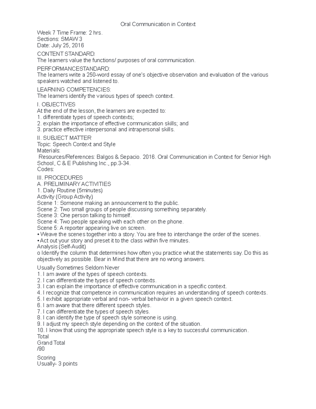 Functions - Oral Communication in Context Week 7 Time Frame: 2 hrs ...
