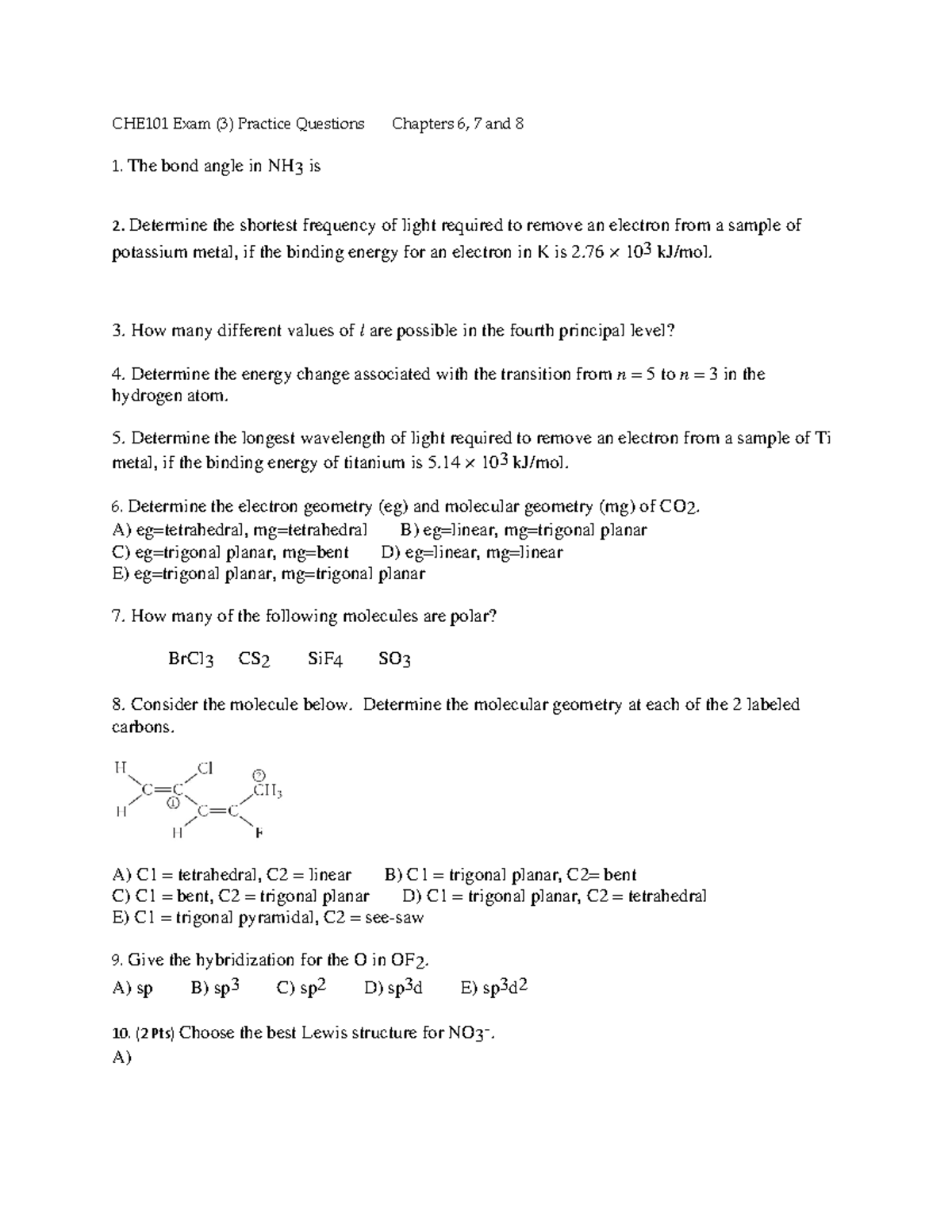 CHE101 Exam (3) Practice Questions FA2023 - How many different values ...