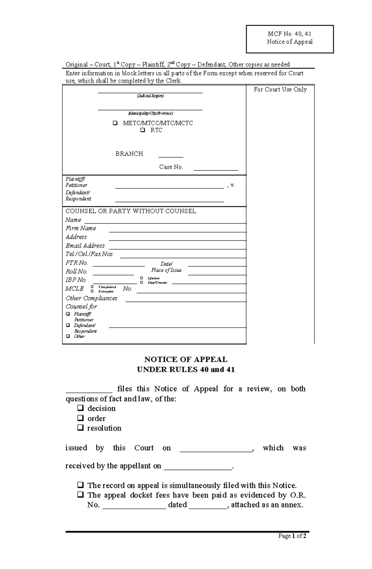 Notice of Appeal - MCF No. 40, 41 Notice of Appeal Original – Court ...