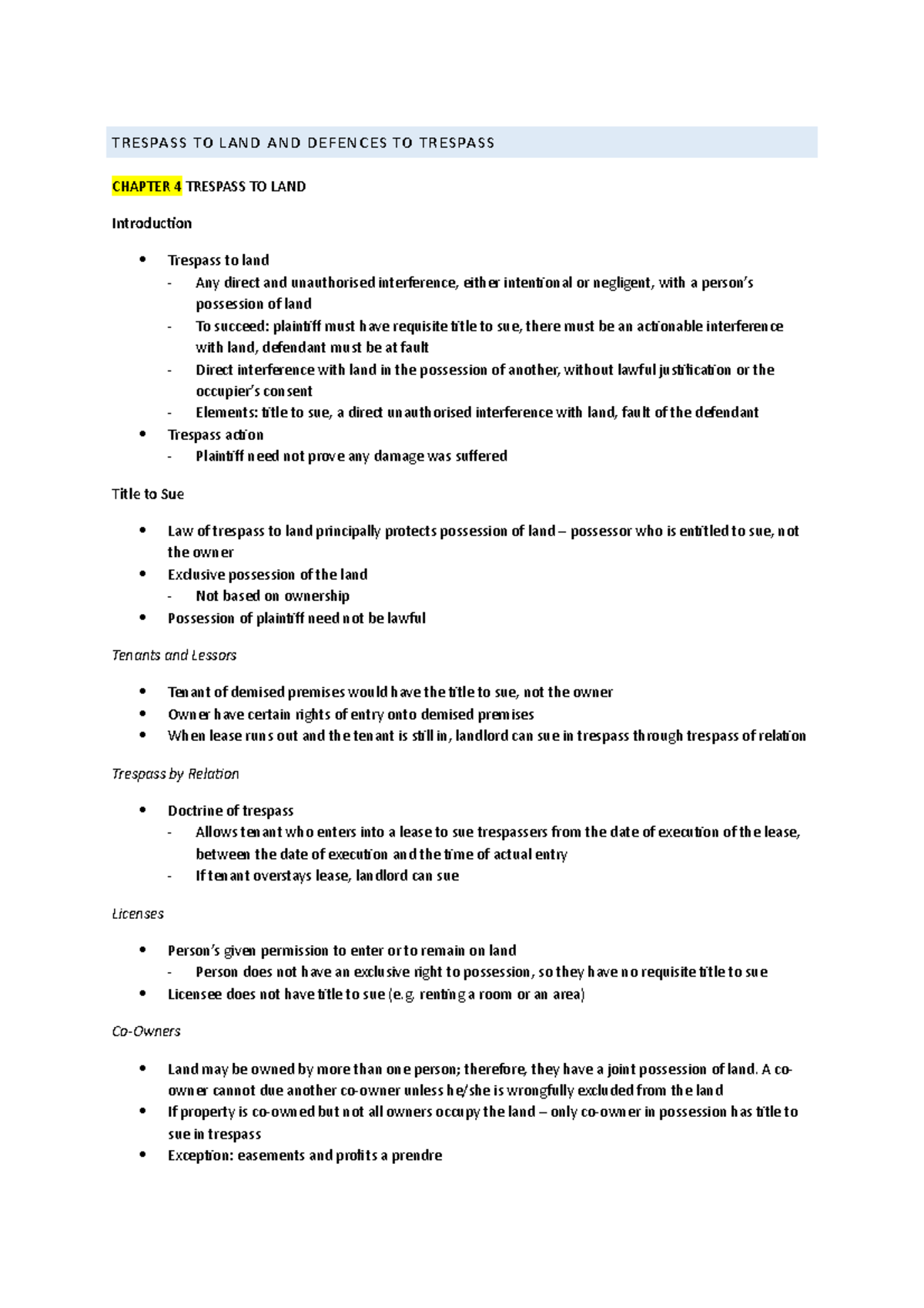 LLB102 W2 Reading - Summary Australian Torts Law - TRESPASS TO LAND AND ...