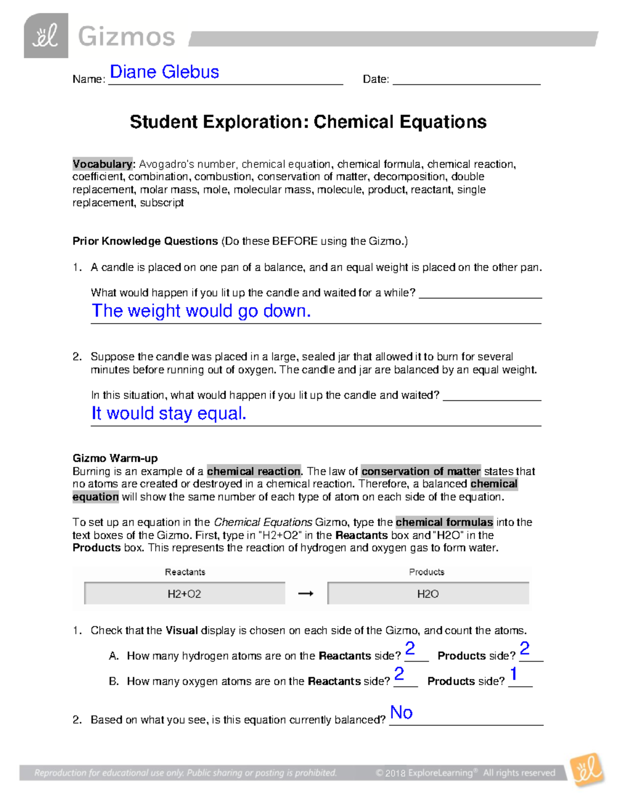 Gizmos Chemical Equationsterms Of Use