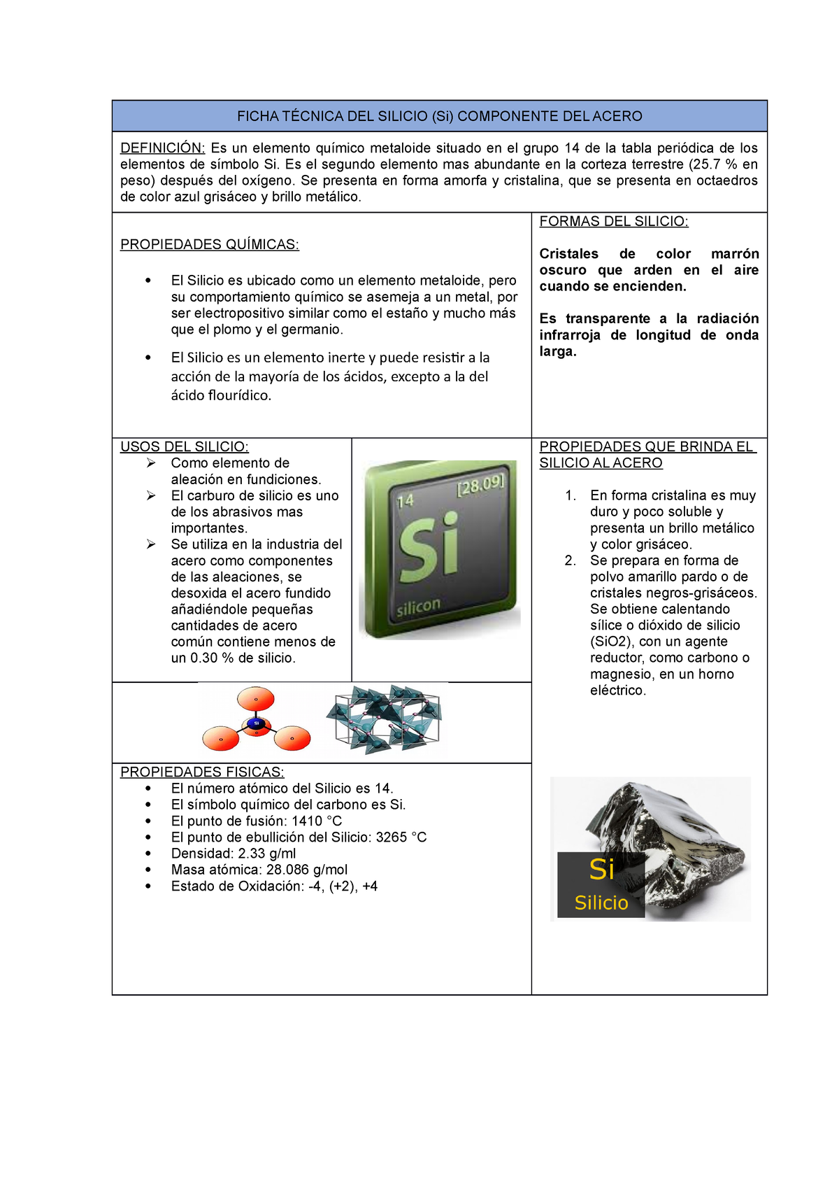 Ficha Técnica DEL Silicio (Si) - FICHA TÉCNICA DEL SILICIO (Si) COMPONENTE  DEL ACERO DEFINICIÓN: Es - Studocu