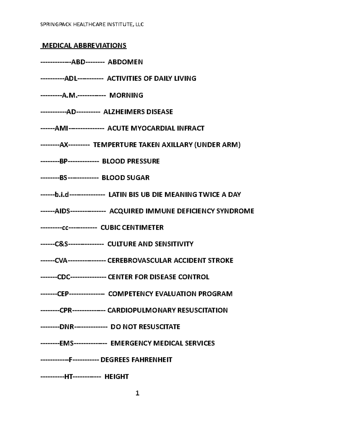 Medical Abbreviation. FILL IN MEDICAL ABBREVIATIONS ABD ABDOMEN