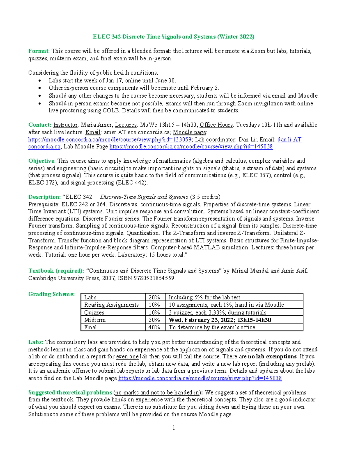 ELEC342 Course outline - ELEC 342 Discrete Time Signals and Systems ...