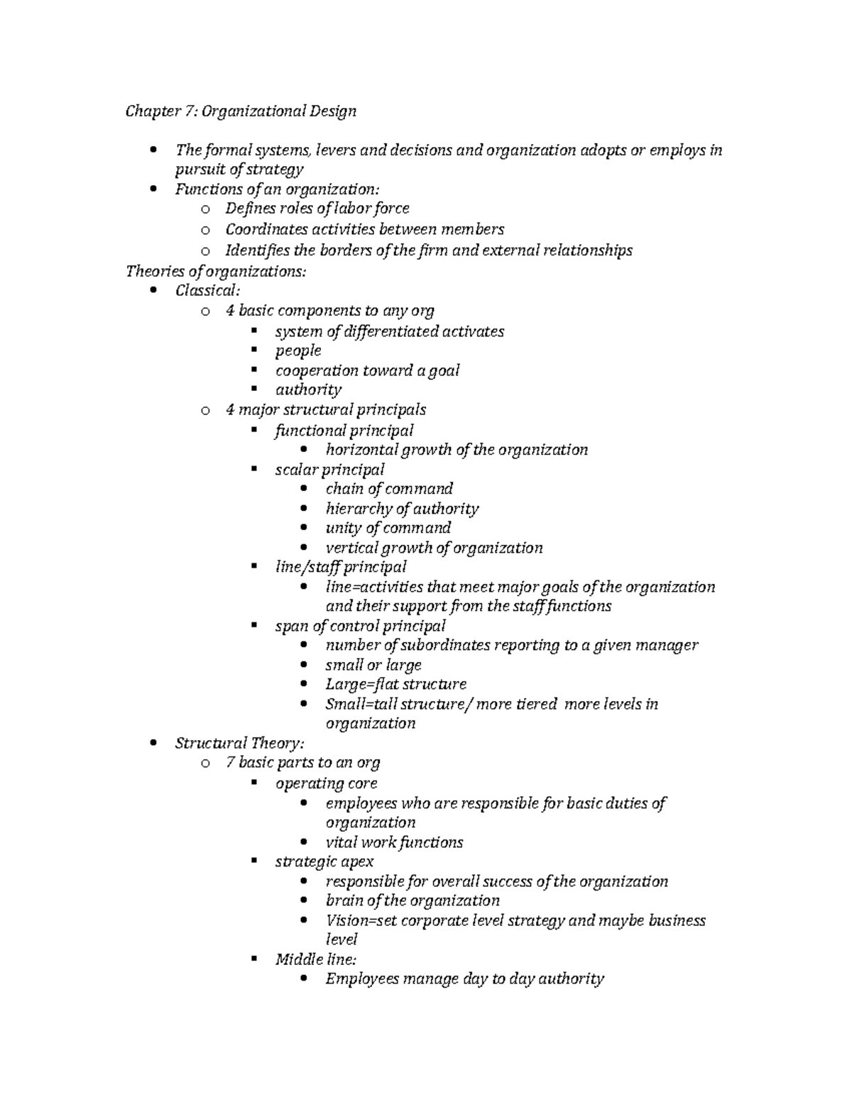 Chapter 7 - Lecture notes chp 7 - Chapter 7: Organizational Design The ...