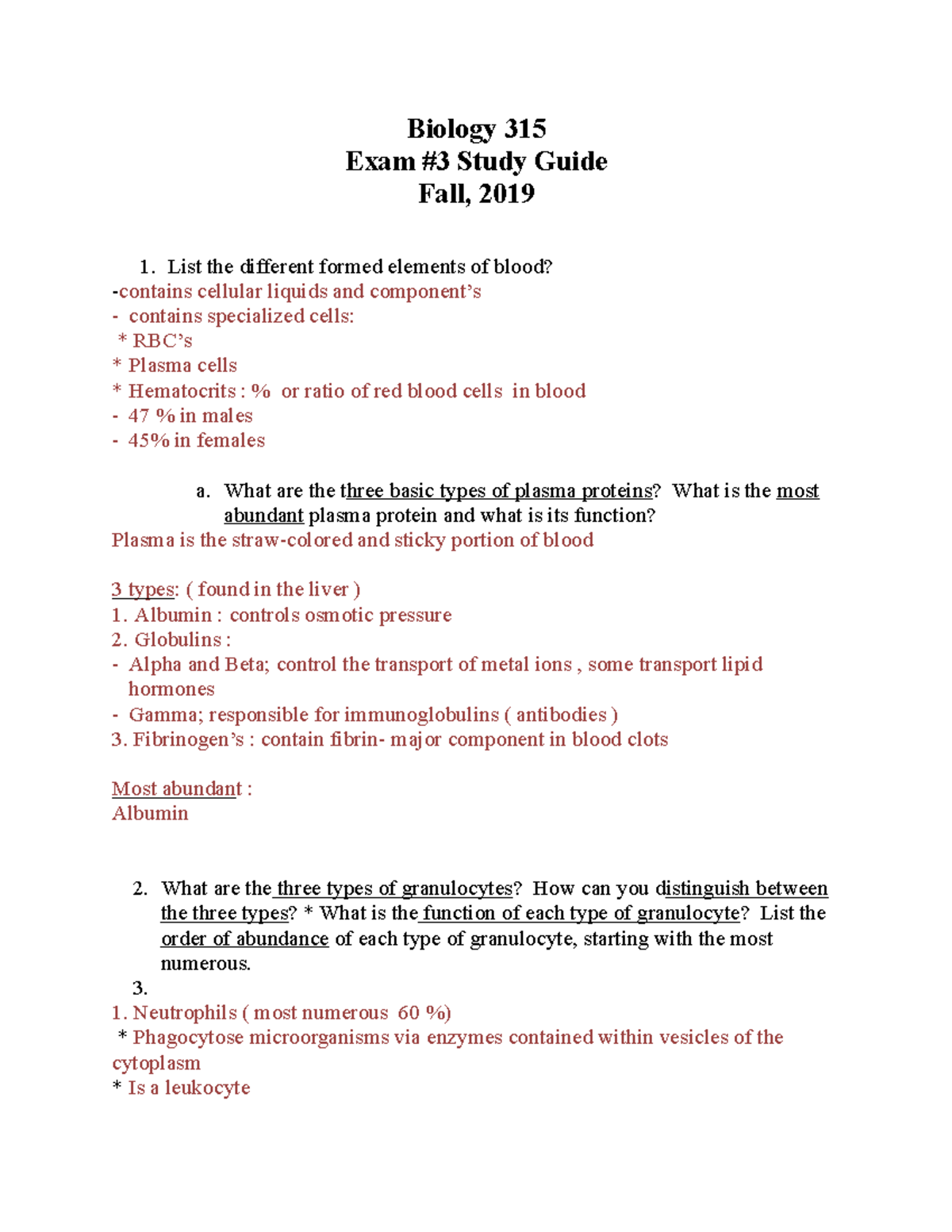 Biology 315 Exam 3 Study Guide, Fall 2019 - Biology 315 Exam #3 Study ...