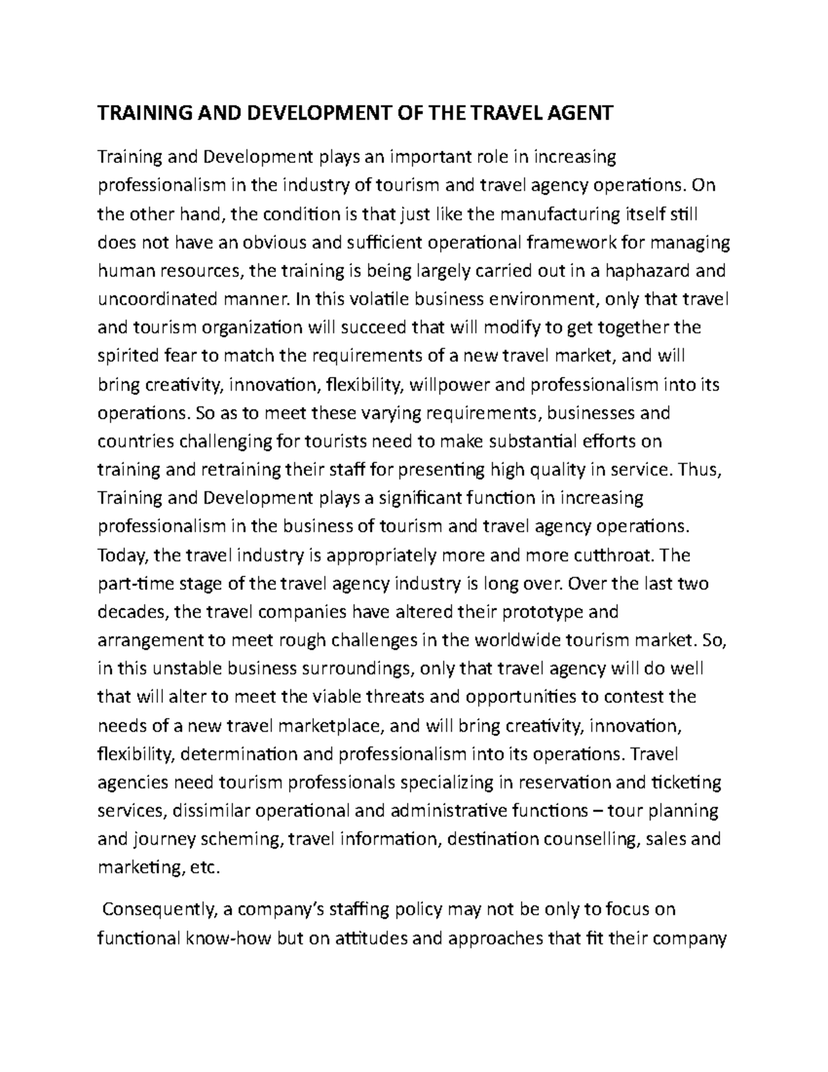 Training AND Development OF THE Travel Agent - TRAINING AND DEVELOPMENT ...