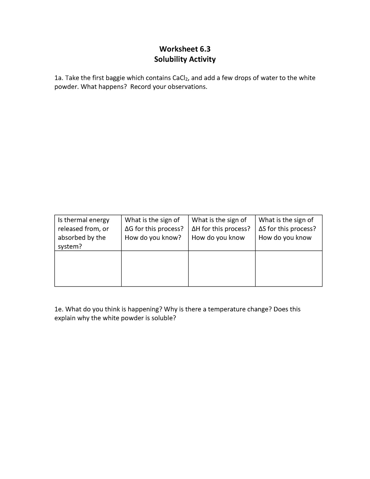 CHEM1062 CLUE Wksht 6 - ——- Worksheet 6. Solubility Activity 1 a. Take ...