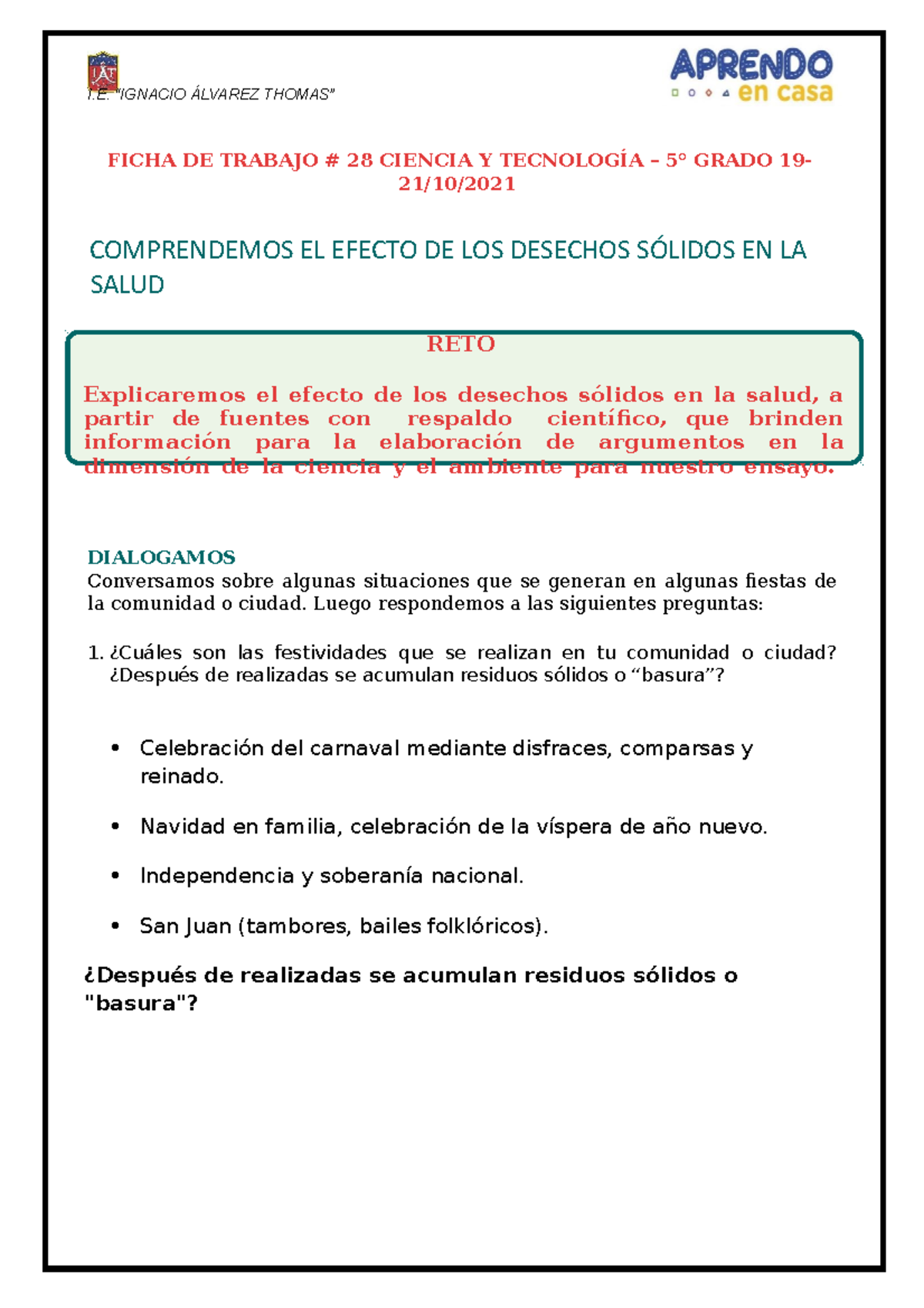 Ficha de trabajo 28 Cy T 5to Sec - FICHA DE TRABAJO # 28 CIENCIA Y ...