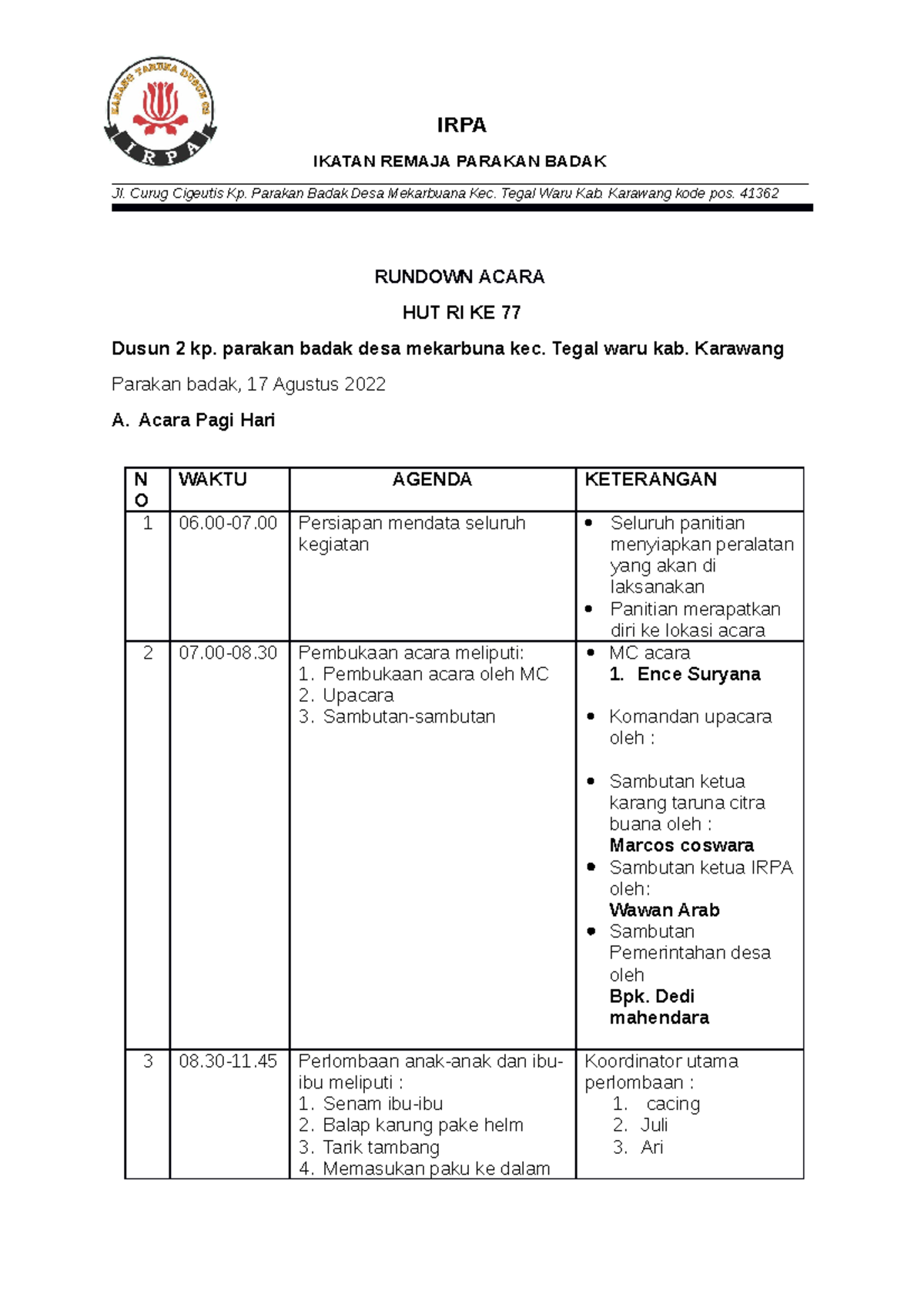 Rundown Acara 17 IRPA - IRPA IKATAN REMAJA PARAKAN BADAK Jl. Curug ...