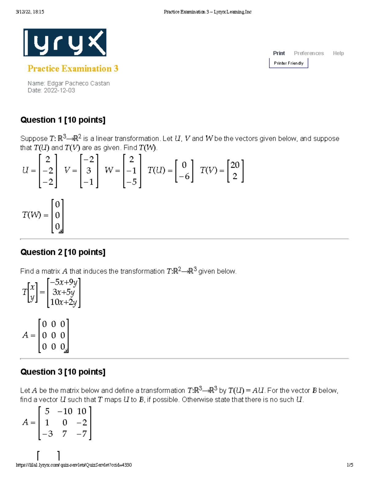 Practice Examination 3 Lyryx Learning Inc - Print Preferences Help ...
