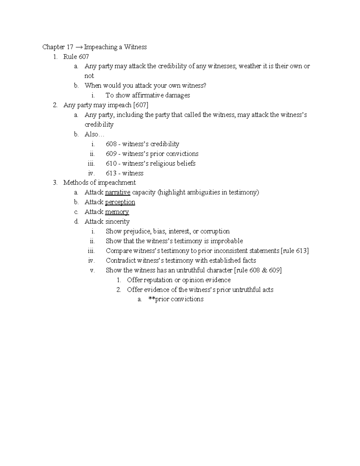 Chapter 17 Notes - Evidence - Chapter 17 → Impeaching a Witness 1. Rule ...