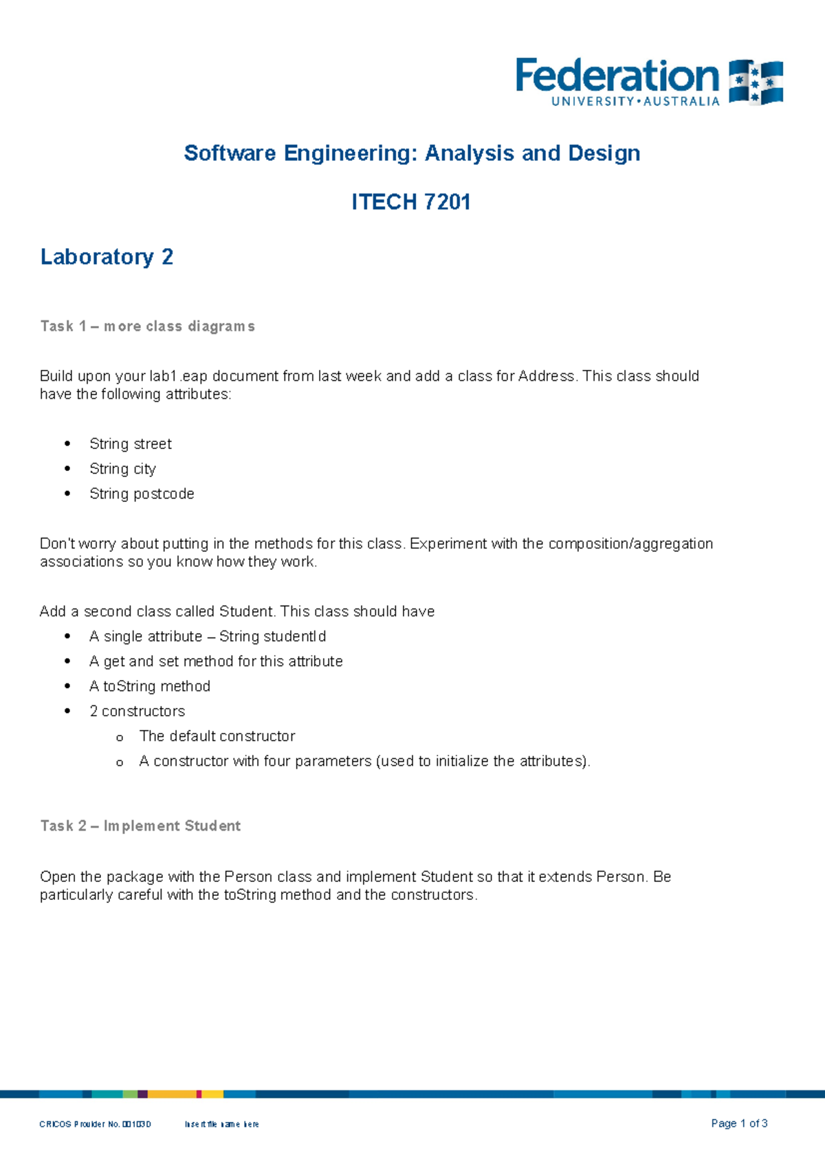 Lab 02 - None. - Software Engineering: Analysis and Design ITECH 7201 ...