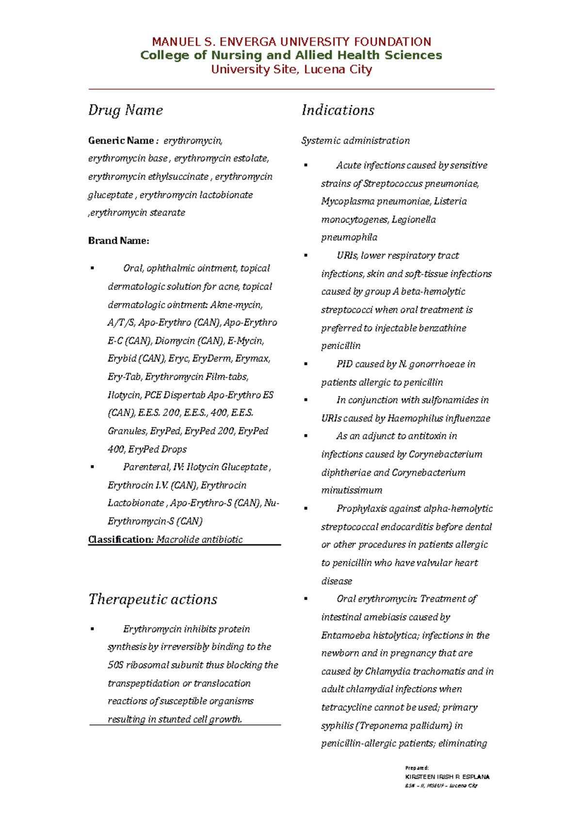Erythromycin DRUG Study MANUEL S. ENVERGA UNIVERSITY FOUNDATION