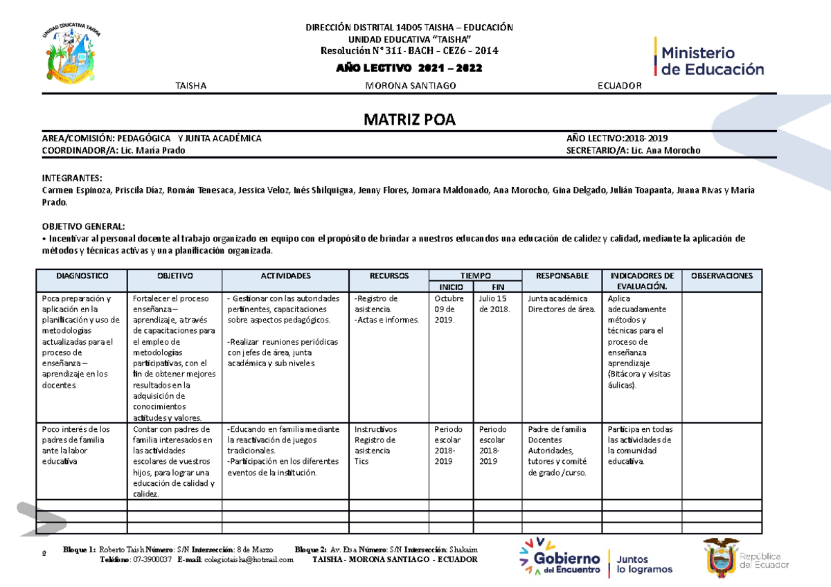 Matriz POA - Formato para la realización de la planificación anual de una  institución educativa - Studocu