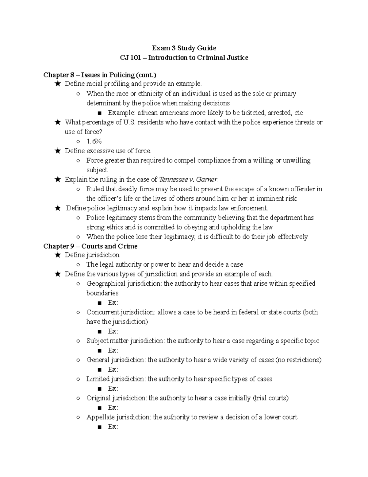 CJ Final Study Guide - professor: danielle swerin - Exam 3 Study Guide ...