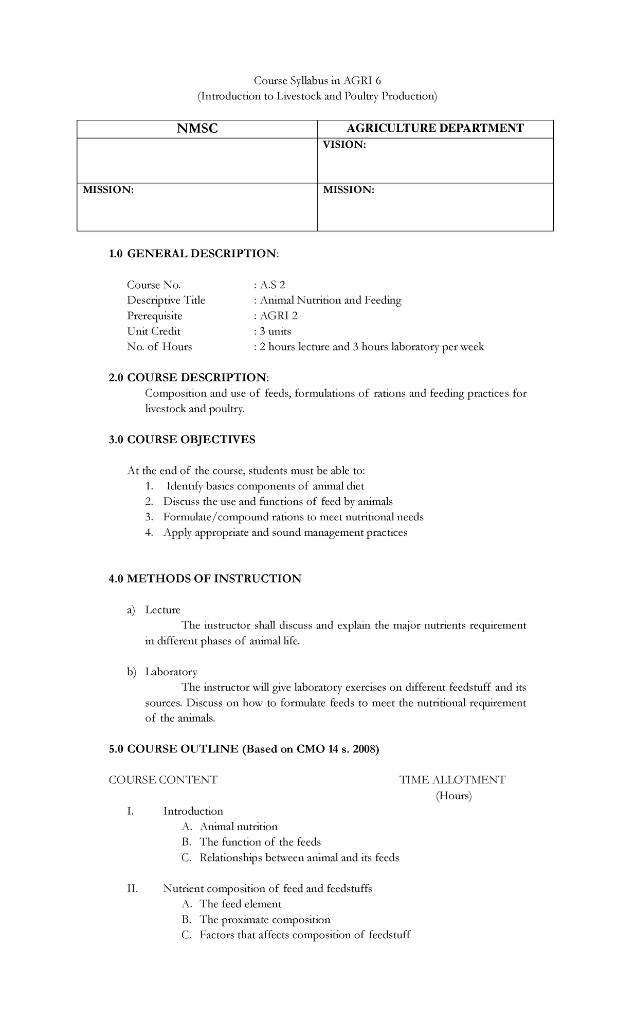 Animal Nutrition AND Feeding - Course Syllabus in AGRI 6 (Introduction ...