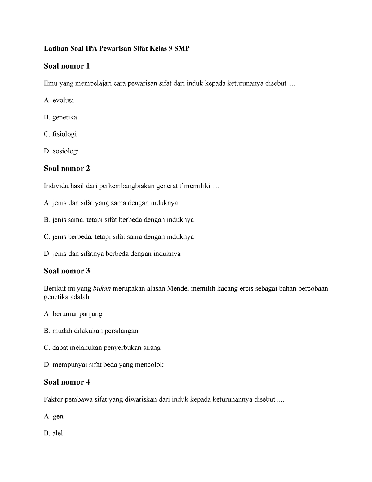 Latso Mendel 9 SMP - Latihan Soal IPA Pewarisan Sifat Kelas 9 SMP Soal ...