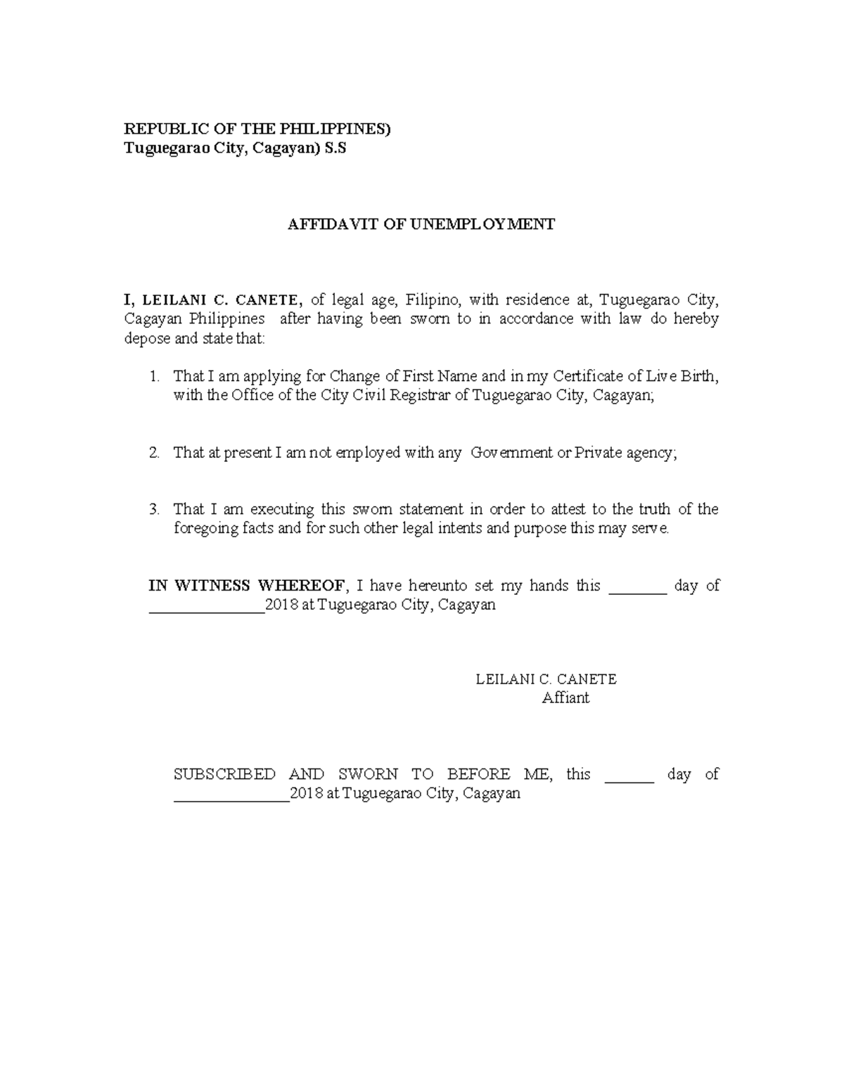 Affidavit OF Unemployment - REPUBLIC OF THE PHILIPPINES) Tuguegarao ...