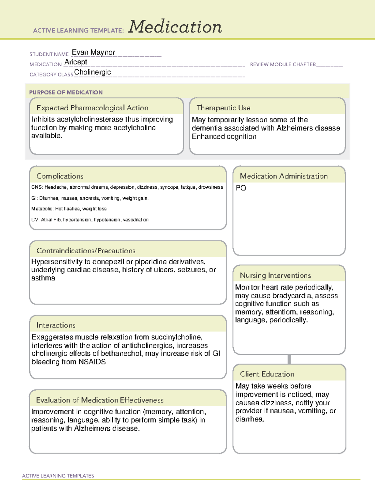 Aricept Med Sheet - ACTIVE LEARNING TEMPLATES Medication STUDENT NAME ...