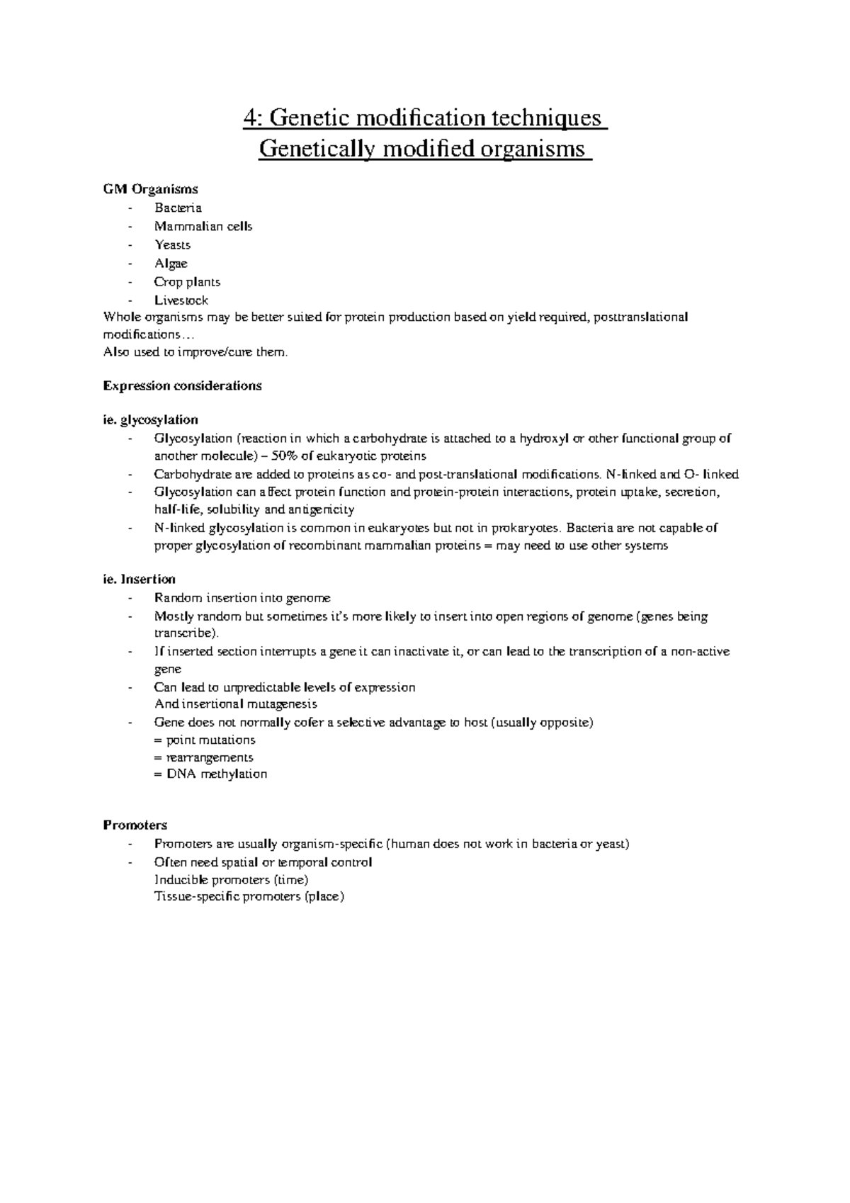 4 GM organisms - Lecture notes 4 - 4: Genetic modification techniques ...