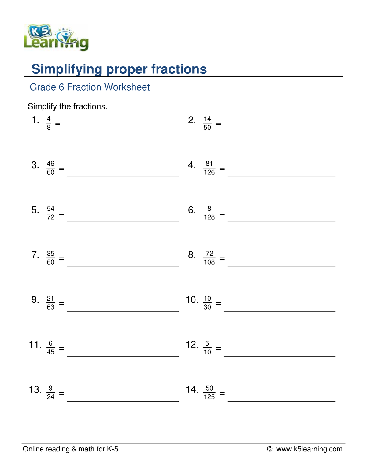 Grade 6 simplifying fractions easy a - Online reading & math for K-5 ...