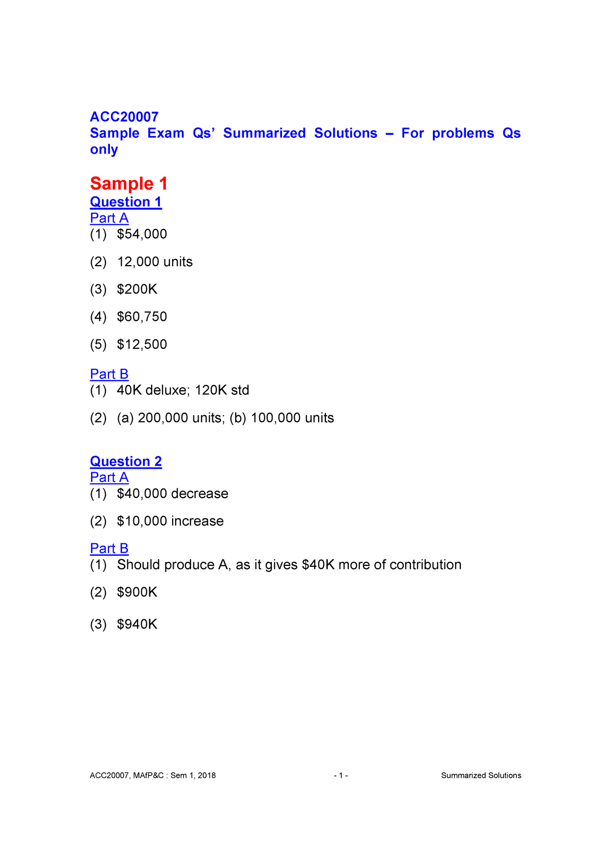 Exam 2018, Answers - Sample Exam Summarized Solutions For Problems Qs ...