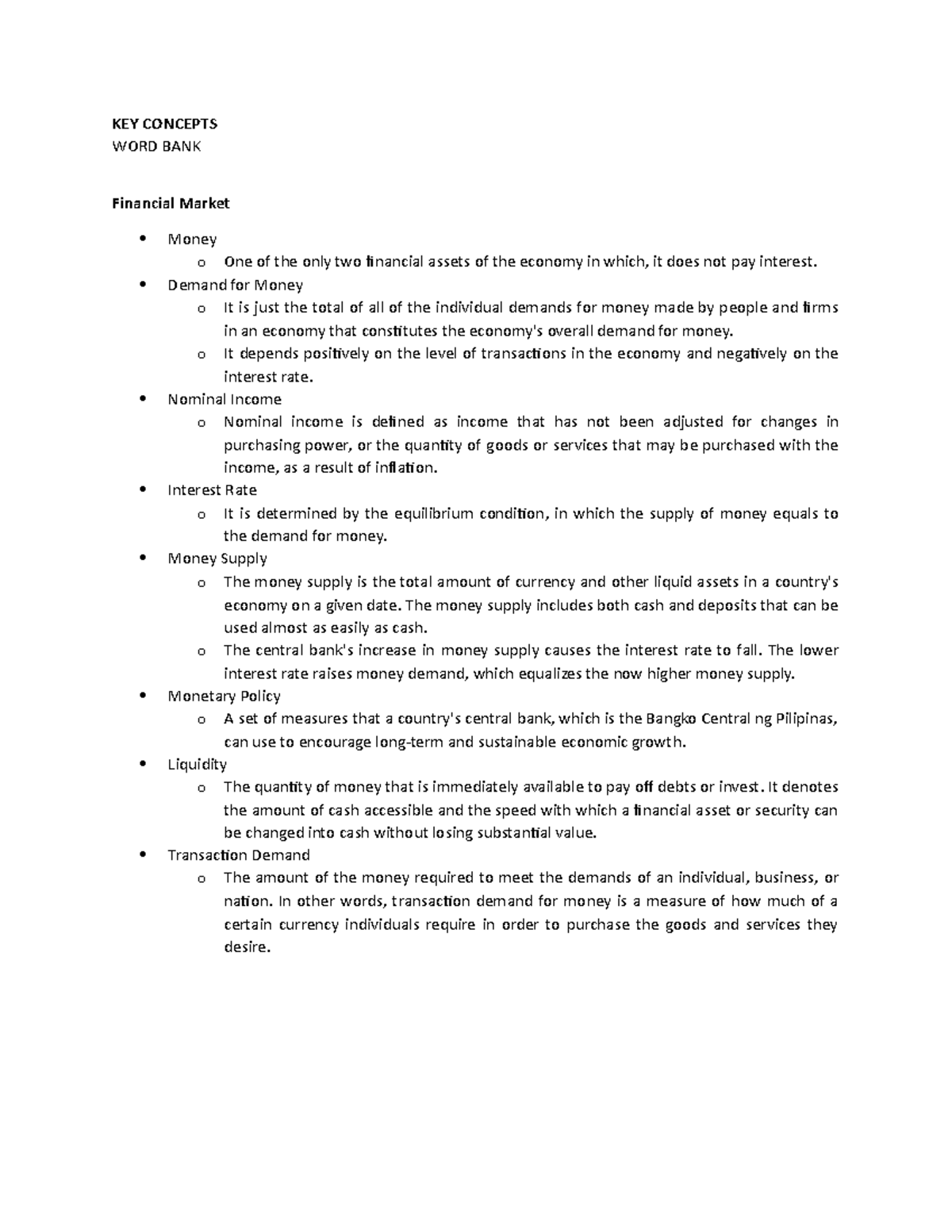 KEY Concepts - Macroeconomics - KEY CONCEPTS WORD BANK Financial Market ...