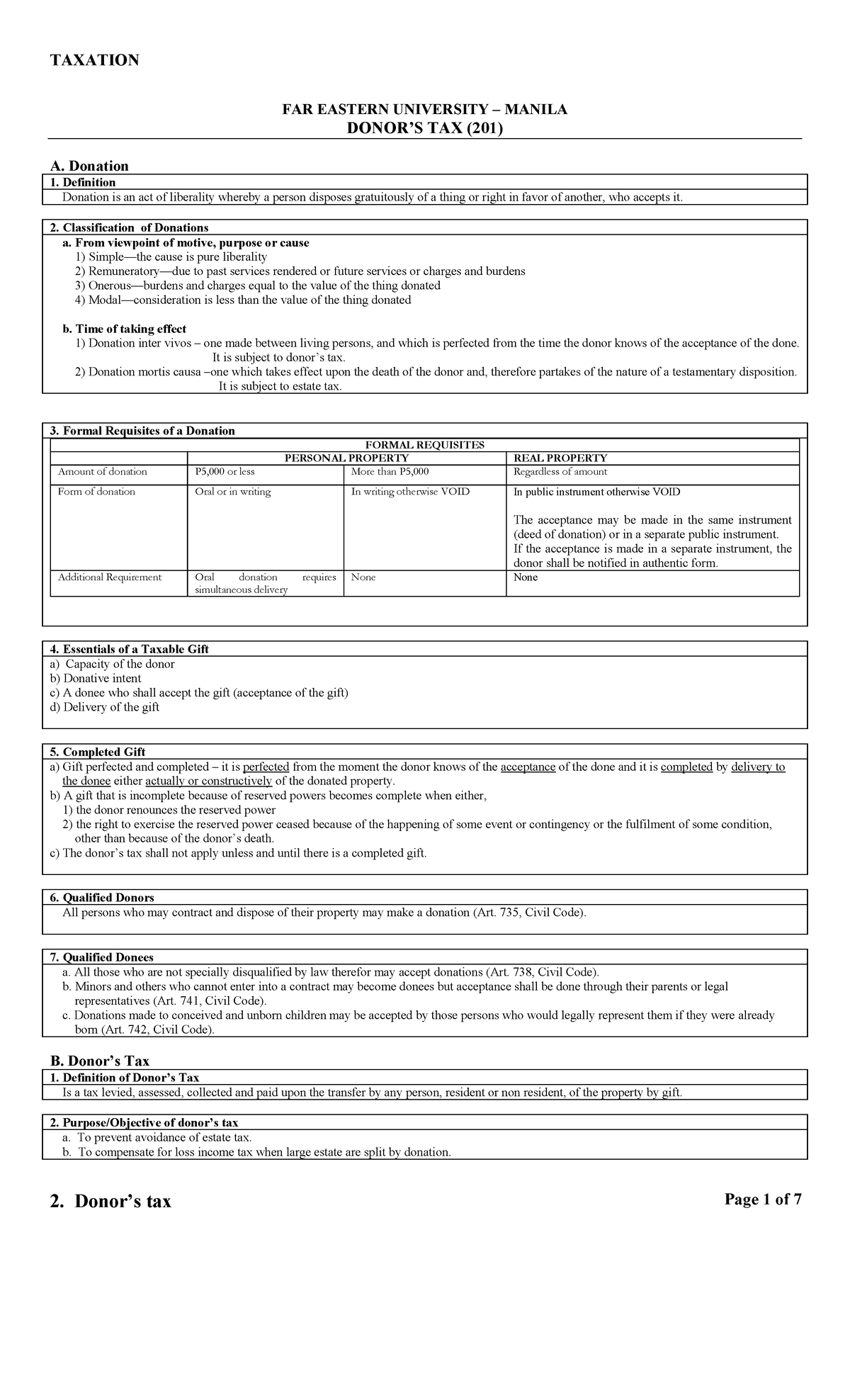 2. Donors Tax - TAXATION Donor’s Tax Page 1 Of 7 FAR EASTERN UNIVERSITY ...