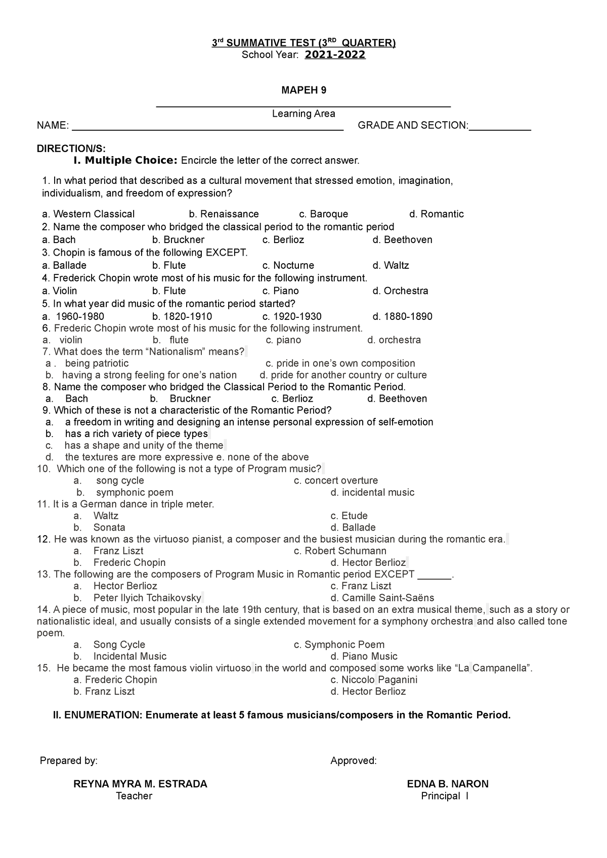 3rd Summative TEST - 3 Rd SUMMATIVE TEST (3 RD QUARTER) School Year ...