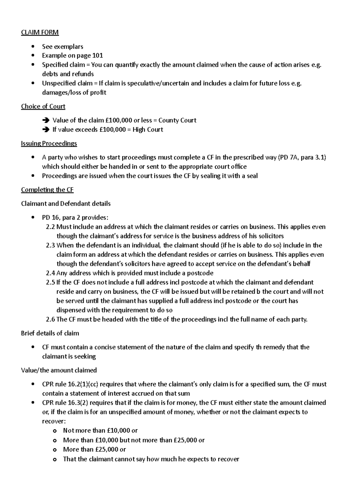 Claim FORM - business law - CLAIM FORM See exemplars Example on page ...