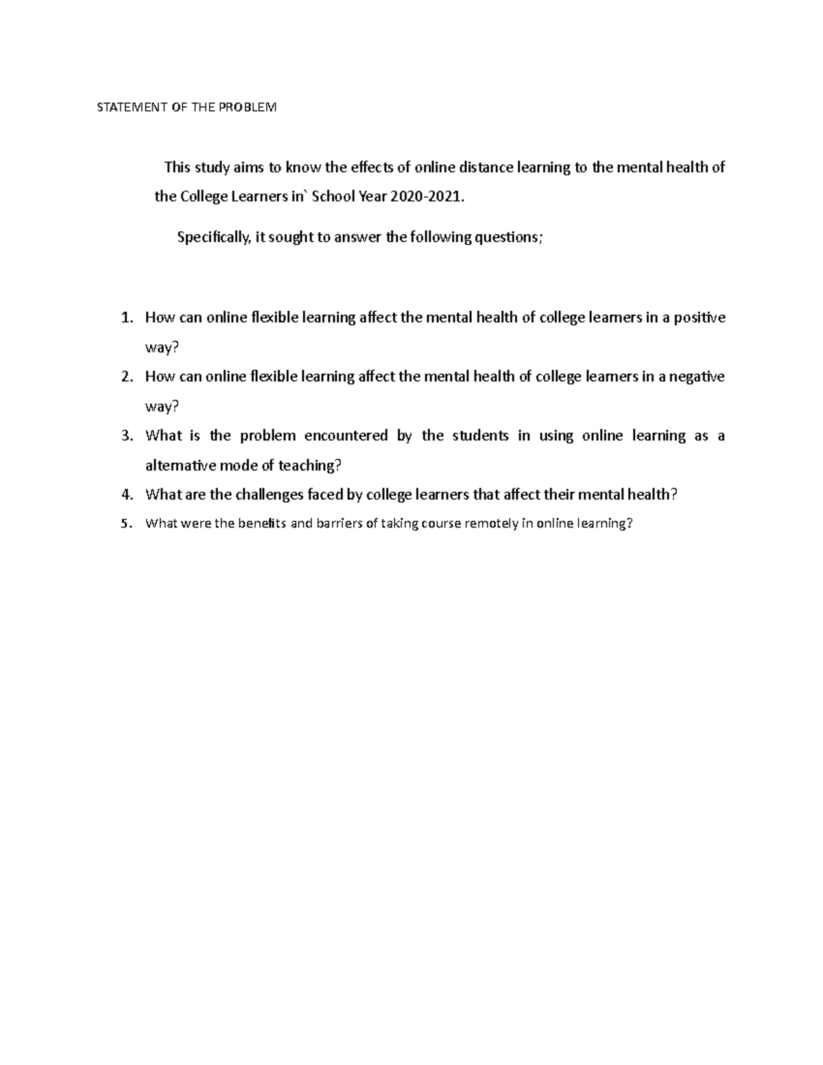 Statement OF THE Problem - STATEMENT OF THE PROBLEM This study aims to ...