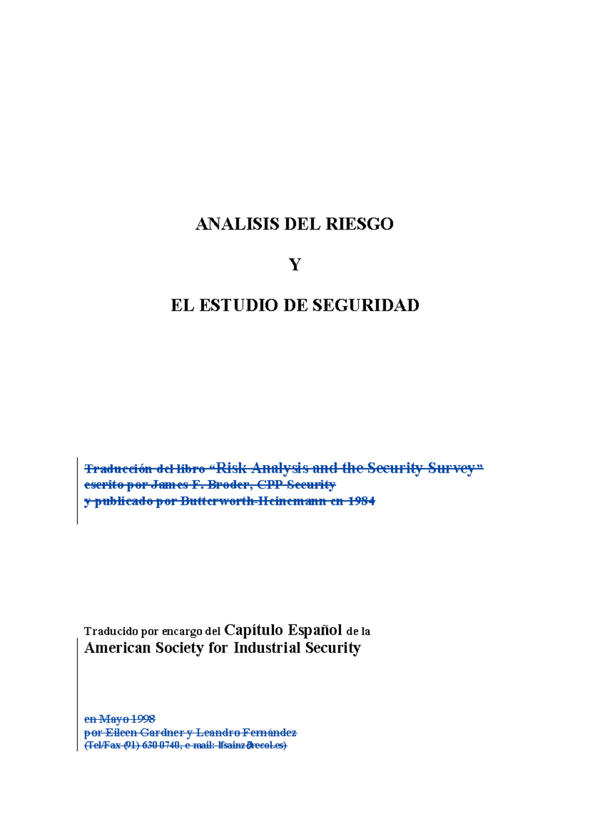 Analisis del riesgo y estudio de seguridad - ANALISIS DEL RIESGO Y EL ...